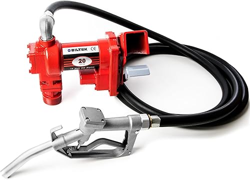 Biltek Bomba de transferencia de combustible de alto flujo de 12 V CC de 20 GPM - Bomba de transferencia con boquilla de bomba de combustible para