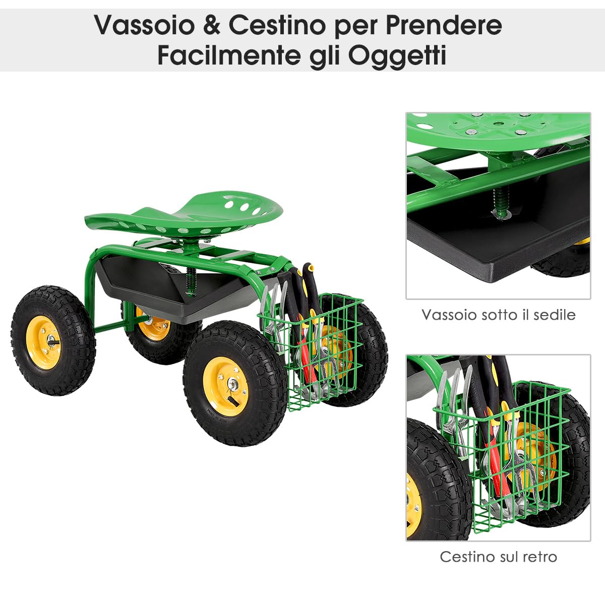 COSTWAY Sgabello da Giardino, Sgabello per Giardinaggio con Ruote, Sedile Regolabile in Altezza e Girevole a 360°, Cestello e Vassoio, Carrello per Prato e Giardino, Portata 150 kg(Verde)