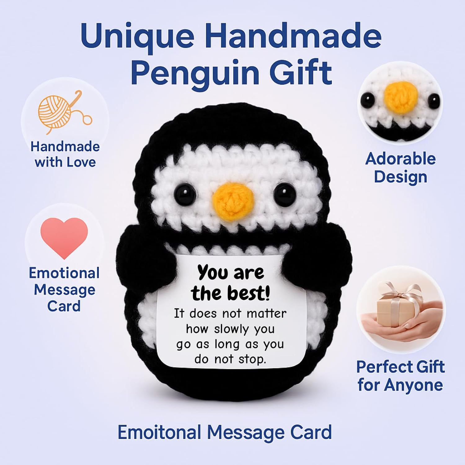 DEYBA Emotional Support Crochet Penguin – Positive Crochet Animals, Inspirational Gift for Women, Men, Couples, Friends, Family, Birthday, Christmas, Romantic Valentine's Day Gift(Style C) - Image 3