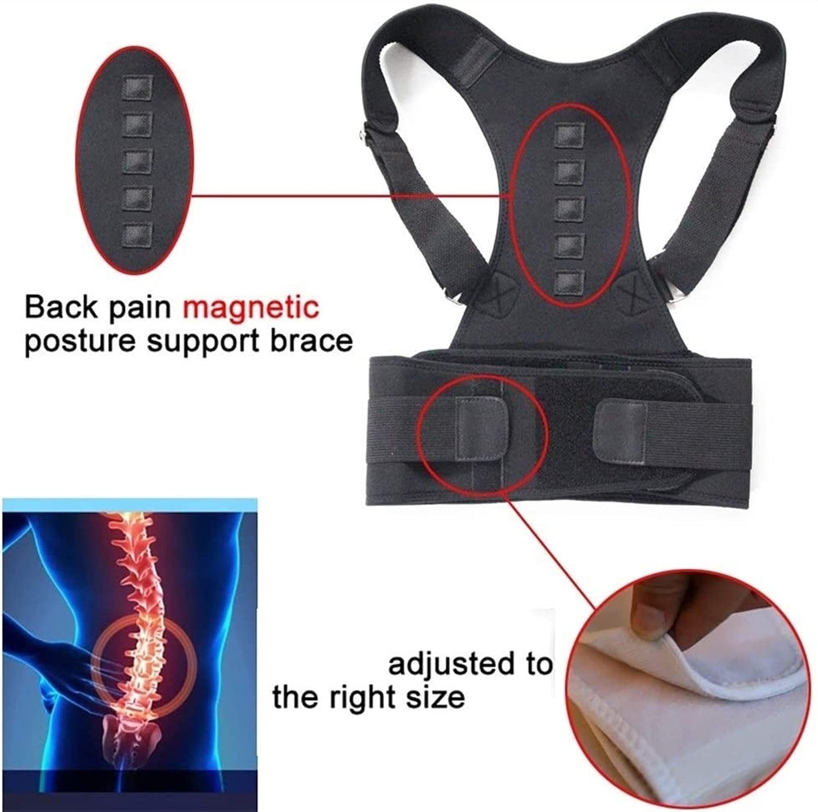 Corrector de Espalda magnético para Hombres y Mujeres Adolescentes, Correas de Soporte Ajustables, cinturón de protección térmica, Faja Lumbar con Terapia magnética, Negro-X