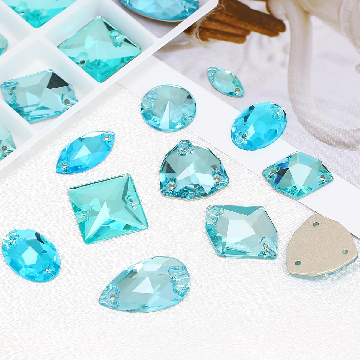 Sew On Glass Rhinestone,87Pcs Mix Shape Sew On Crystal Flatback Sewing Gems with Holes for Clothes Shoes Dress Costume Garment DIY Crafts，Aquamarine