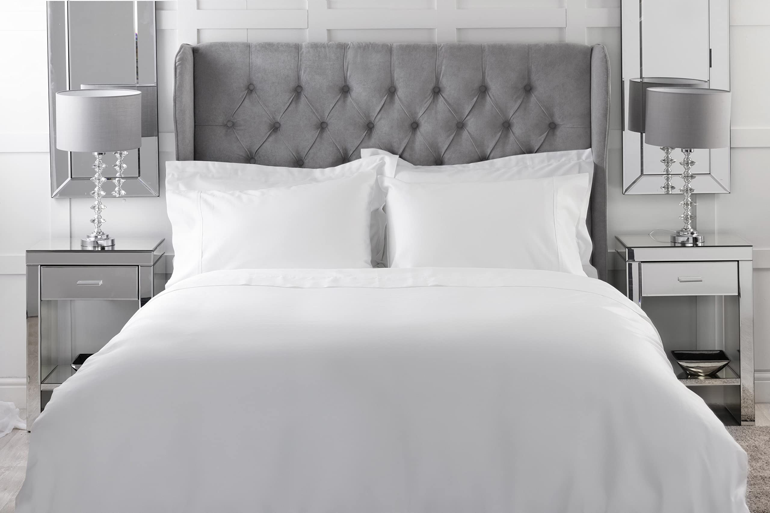 Belledorm White Bamboo - 300 Thread Count - 15" Fitted Sheet + Duvet Cover + Housewife Pillowcases - Bundle Set (Double, )