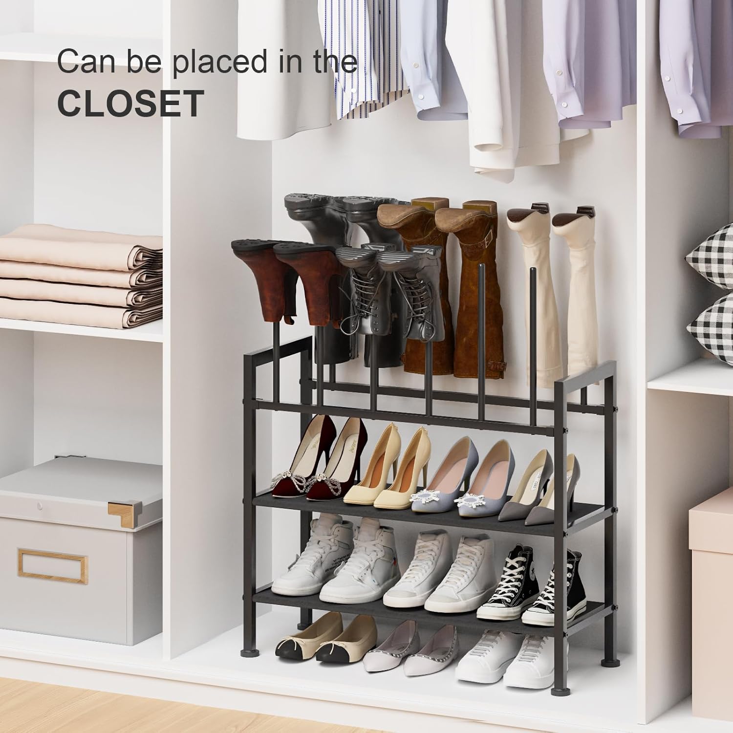 DIMJ Free Standing Shoe Racks - 4-Tier Boot Rack, Black Metal Boot Storage Organizer Tall Boots, Tall Boot Organizer for Closet, Multiuse Shoe Rack for Boots, Sneakers,Fit for 6 Pairs Boots, Black