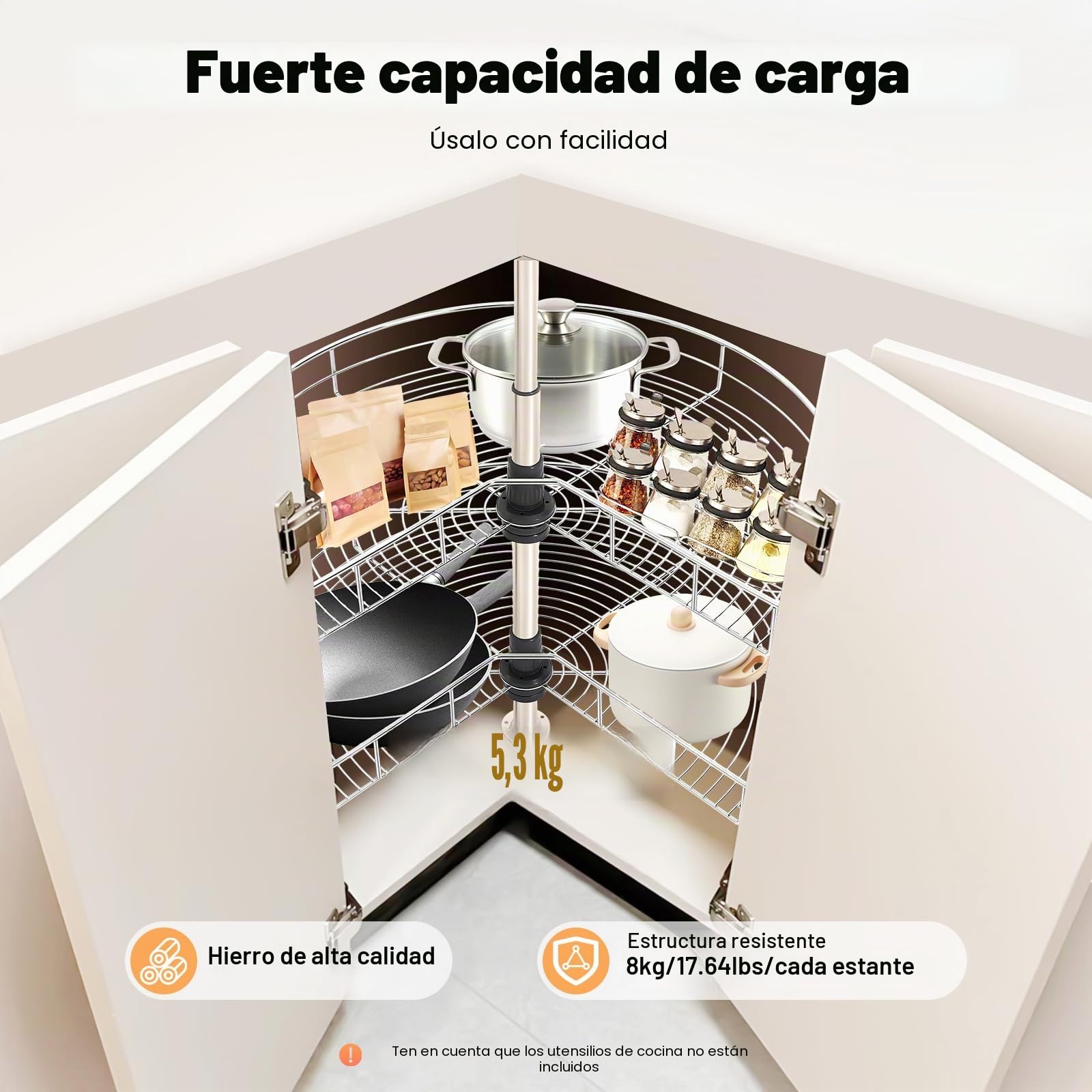 Organizador de armario de esquina, giratorio 270°, altura regulable (54,4-77 cm), plata, hierro, 2 niveles, redondo, 71 cm de diámetro, capacidad de carga de 8 kg por cesta