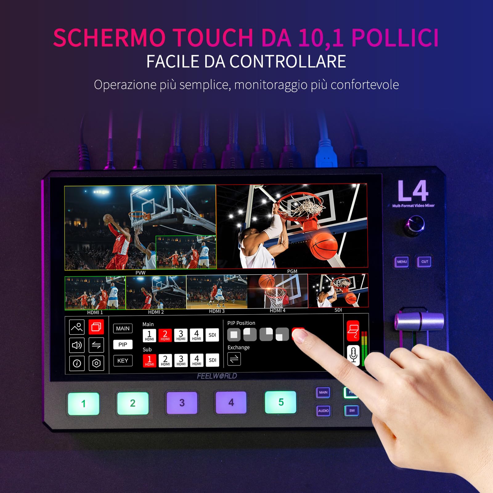 FEELWORLD L4 10,1 cm Touch Screen Video Switcher 10,1 cm Touchscreen, Anteprima in Tempo Reale 5 Fonti di Input PST PGM e Interfaccia Operativa