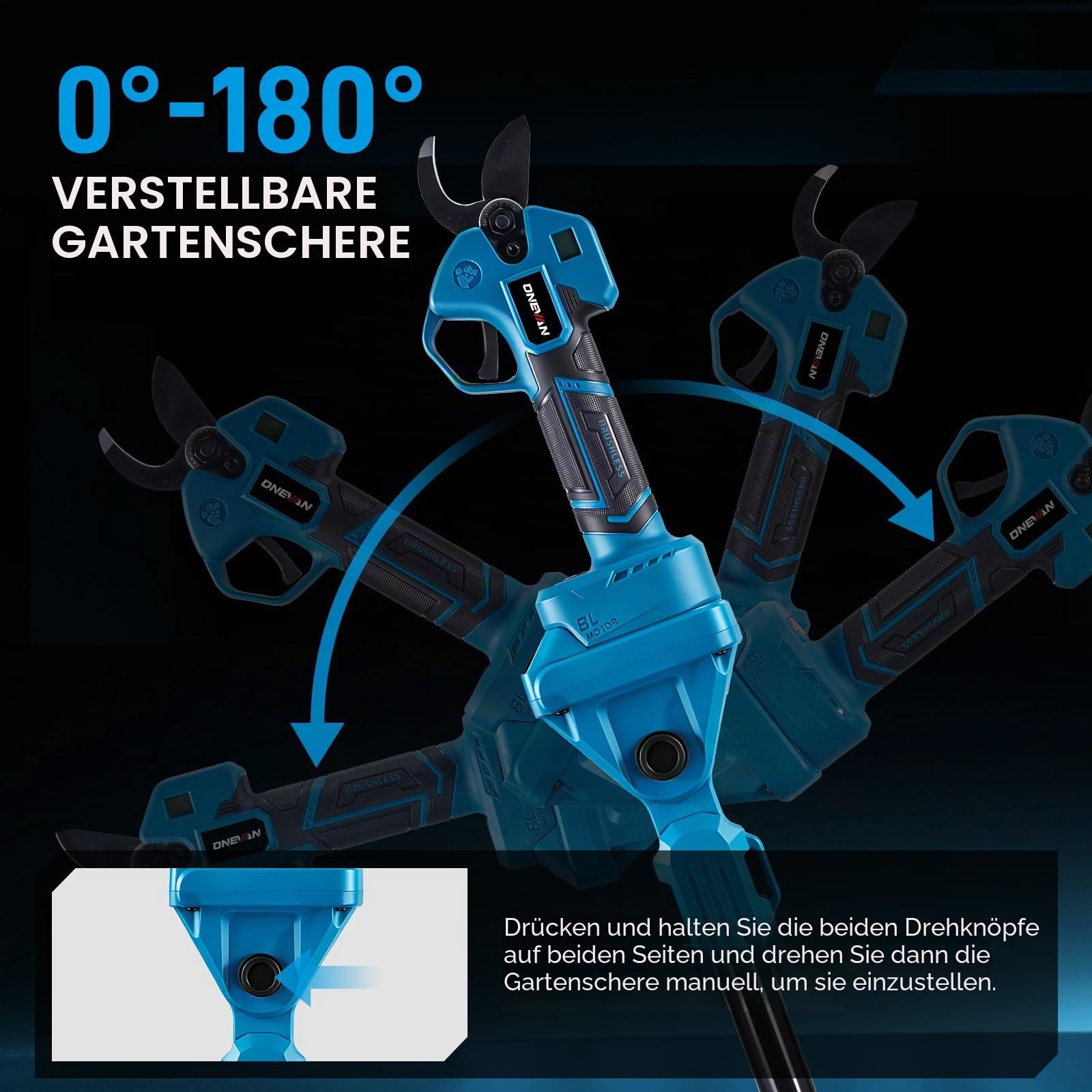 ONEVAN Akku Hochentaster & Ast Kettensäge mit 2m Teleskopstange, 4-in-1 Set, Bürstenlos 35mm Astschere + 6 Zoll Mini Kettensäge, 180° Einstellbar, mit 2x3.0Ah Akkus (Blau)