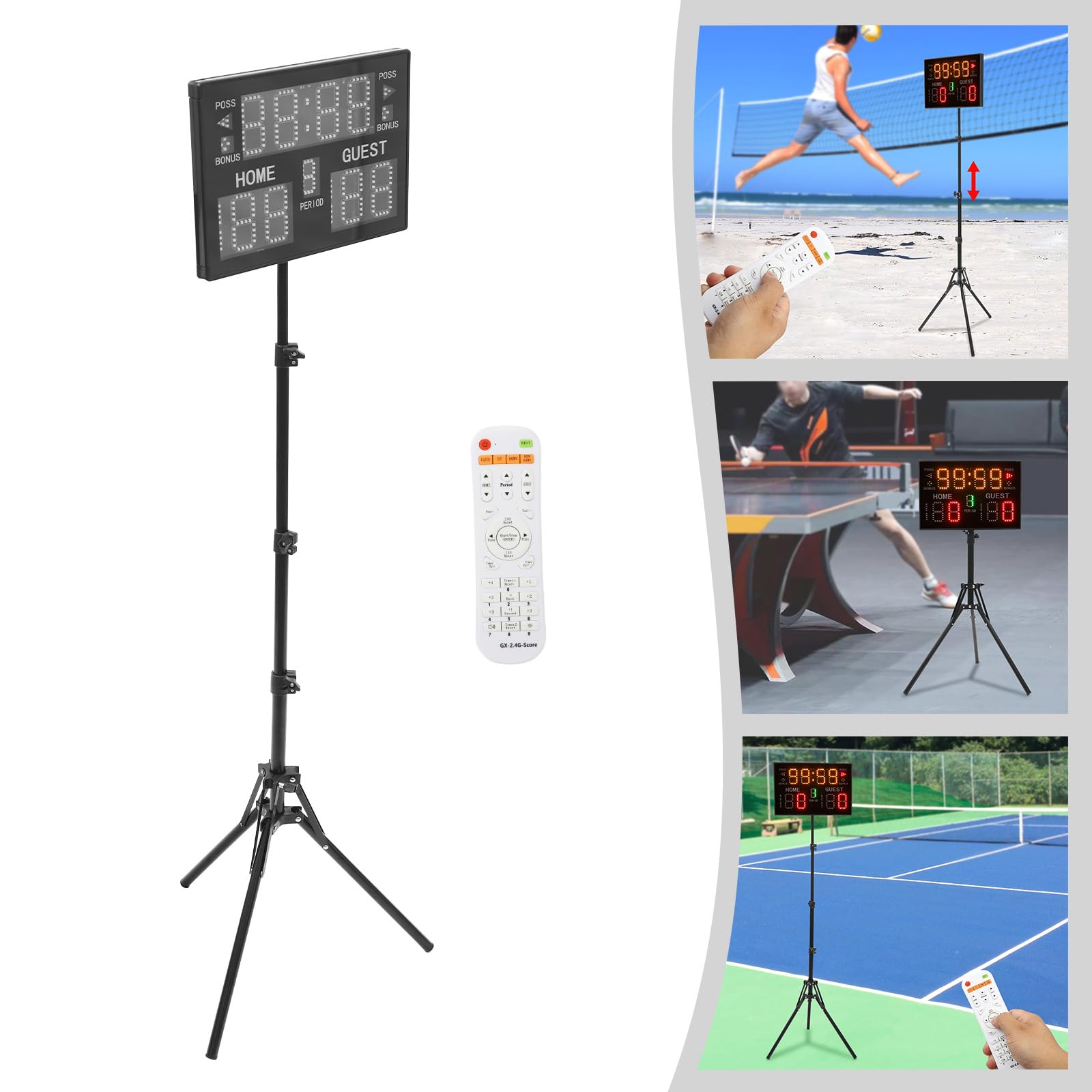 Tabellone segnapunti elettronico portatile da basket con treppiede, spia luminosa e telecomando, per basket, ping pong, pallavolo, attività badminton