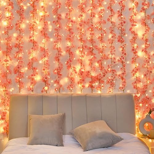 Miniatura 9 de Sunm Boutique Guirnalda de Flor de Cerezo Paquete de 4 de 23.6 Pies Enredadera Colgante de Flor de Cerezo con Luces LED de Cadena de 32.8 Pies de