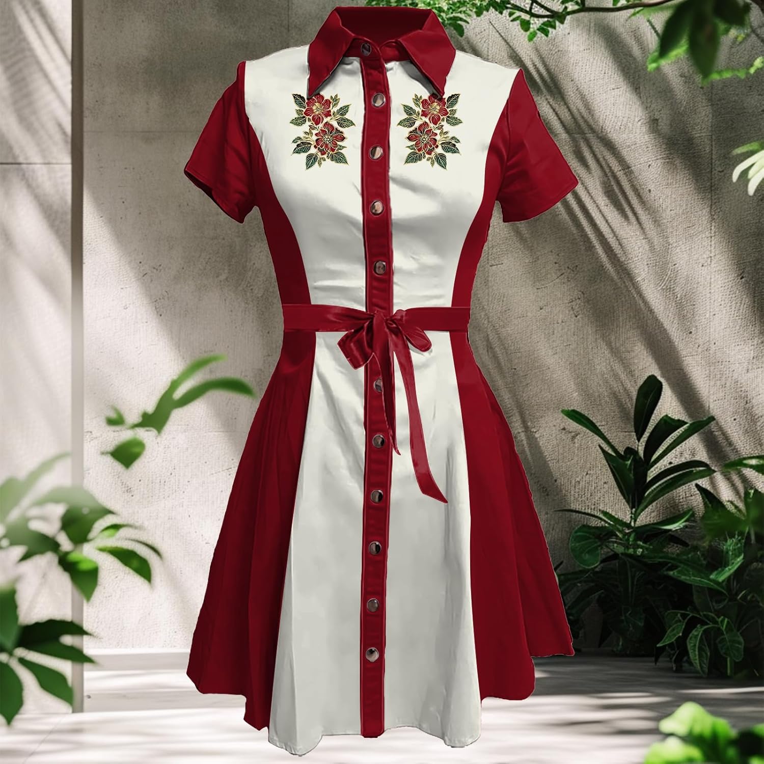 Business Casual Dress for Women Western Floral Short Sleeve Collared Button Down Fashion Aline High Waist Dress - Image 2