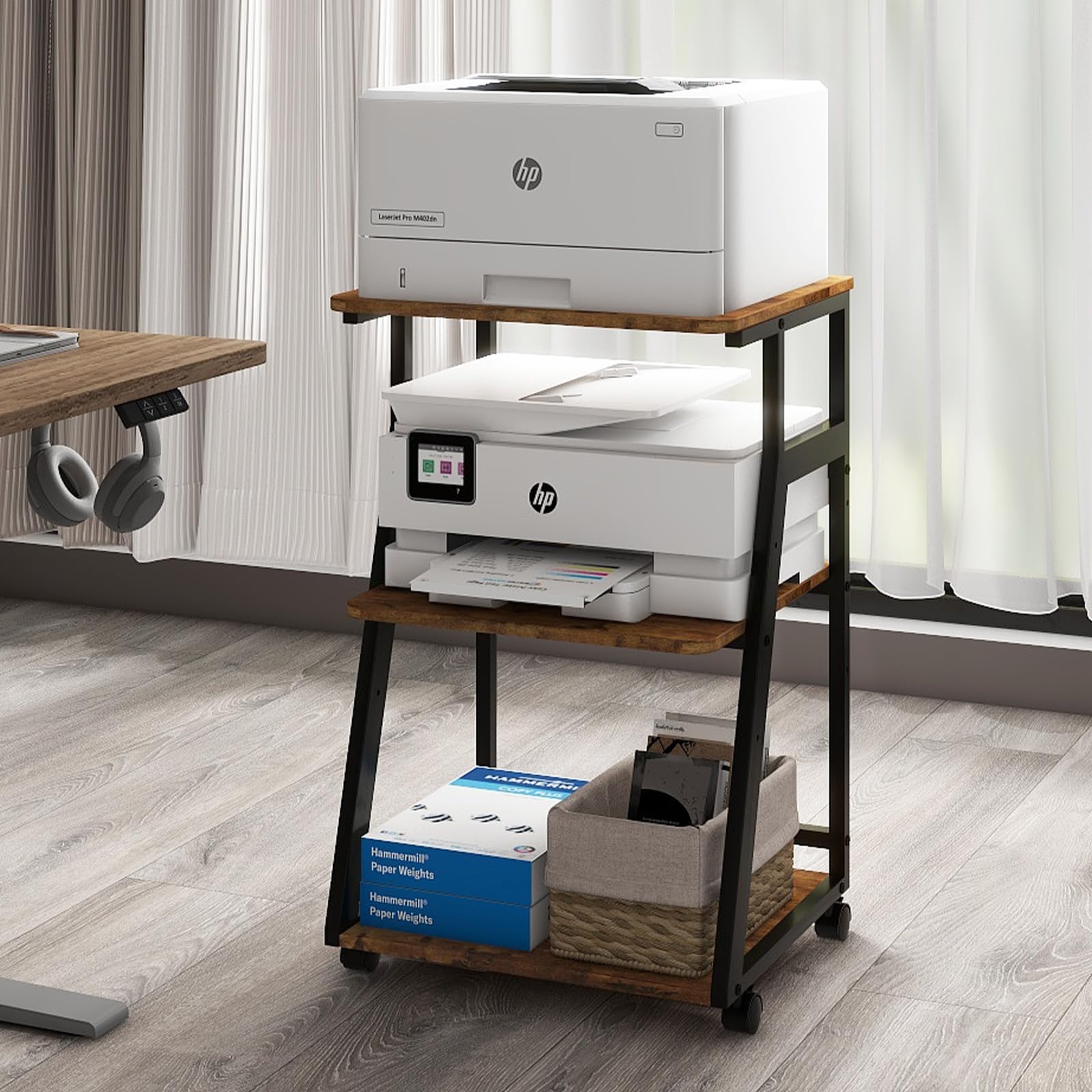 PUNCIA Meuble Imprimante à 3 Niveaux Support Imprimante 3D Caisson Bureau | en Bois Banette de Rangement avec Étagère Réglable Meuble de Rangement avec Roulette pour Bureau à Domicile (Marron)