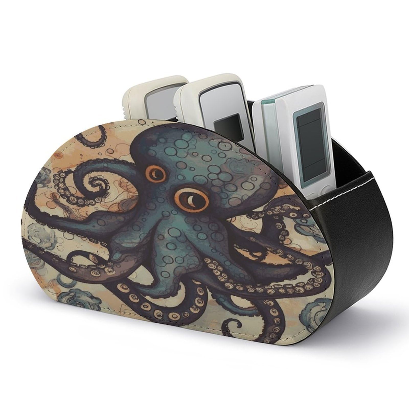 LZQPOEAS Retro Octopus Remote Control Holder with 5 Compartments PU Leather Remote Organizer Box Caddy for Table Nightstand Remote Caddy Desktop Organizer Fits Media Controllers