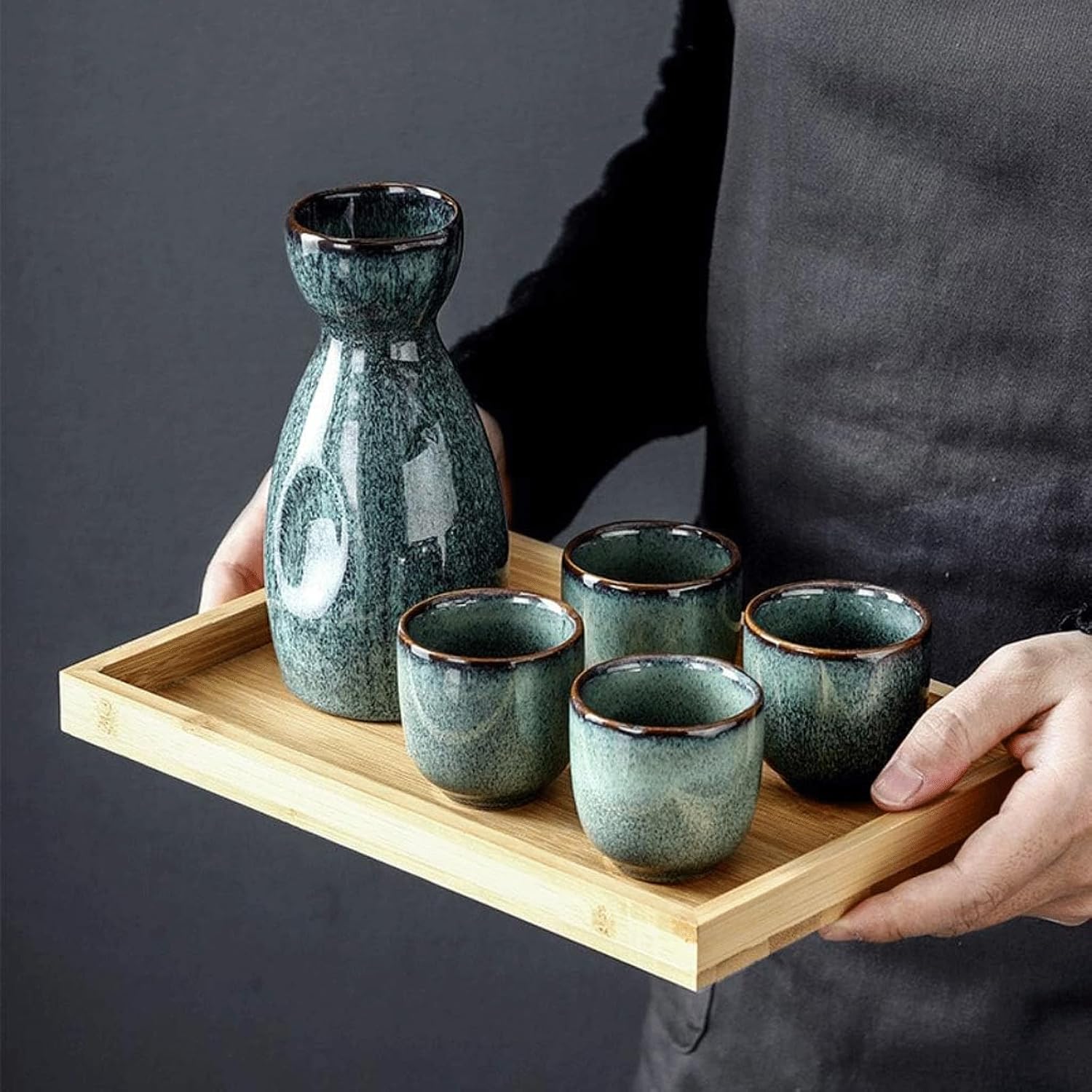 Vintage 6 Piece Set Sake Cup Ceramic Sake Cup Fog Green Handicraft Wine Glass Cold Hot Tea Drinkware Sake Cup Sake Pots