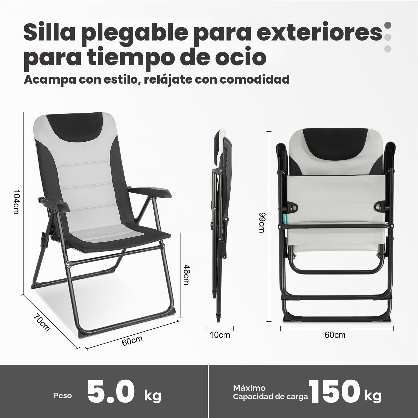 Homecall Silla de jardín plegable acolchada con respaldo ajustable, negro y crema