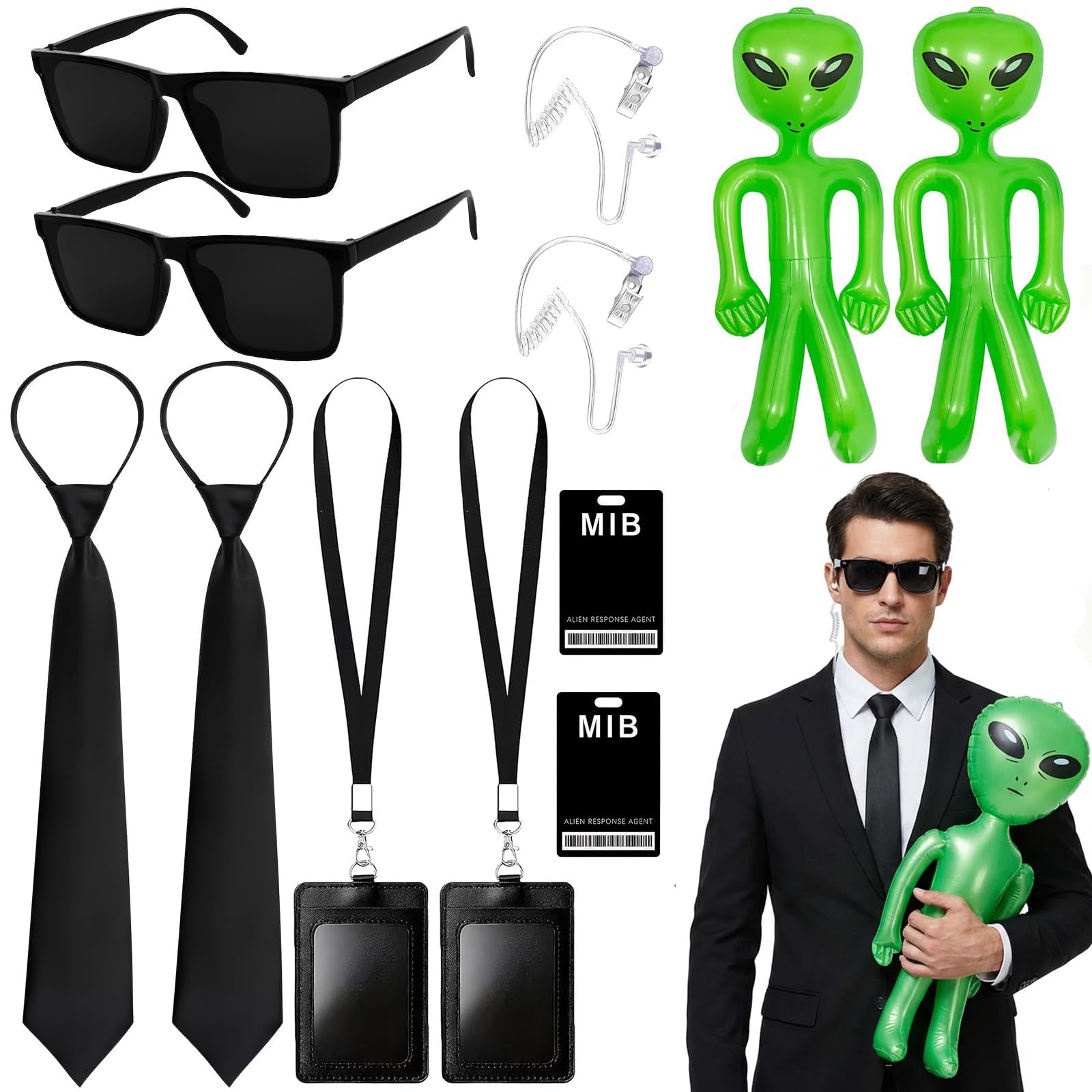 iSharely 10Pcs Secret Agent Costume Accessories Set, Spy Fancy Dress Kit with Sunglasses Black Ties ID Holders Earpieces Inflatable Aliens for Men Women Cosplay Carnival Halloween Sci-Fi Party