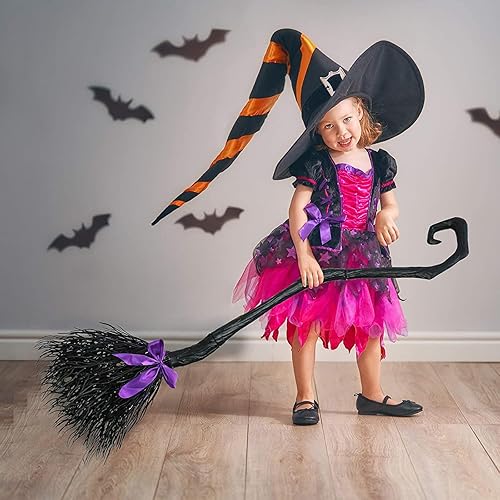 Miniatura 5 de Escoba de bruja de Halloween para niños y adultos, escoba de bruja realista de paja para cosplay, escoba voladora de mago (negro, con 3 cintas de