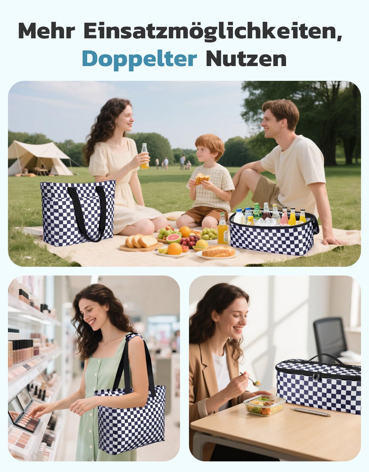 ISEYOU Strandtasche XXL Familie mit Kühltasche, Groß Strandtasche mit Reißverschluss Wasserdicht Sanddicht, Handtasche Damen 49L, Faltbar Badetasche für Reisen Fitnessstudio Picknick