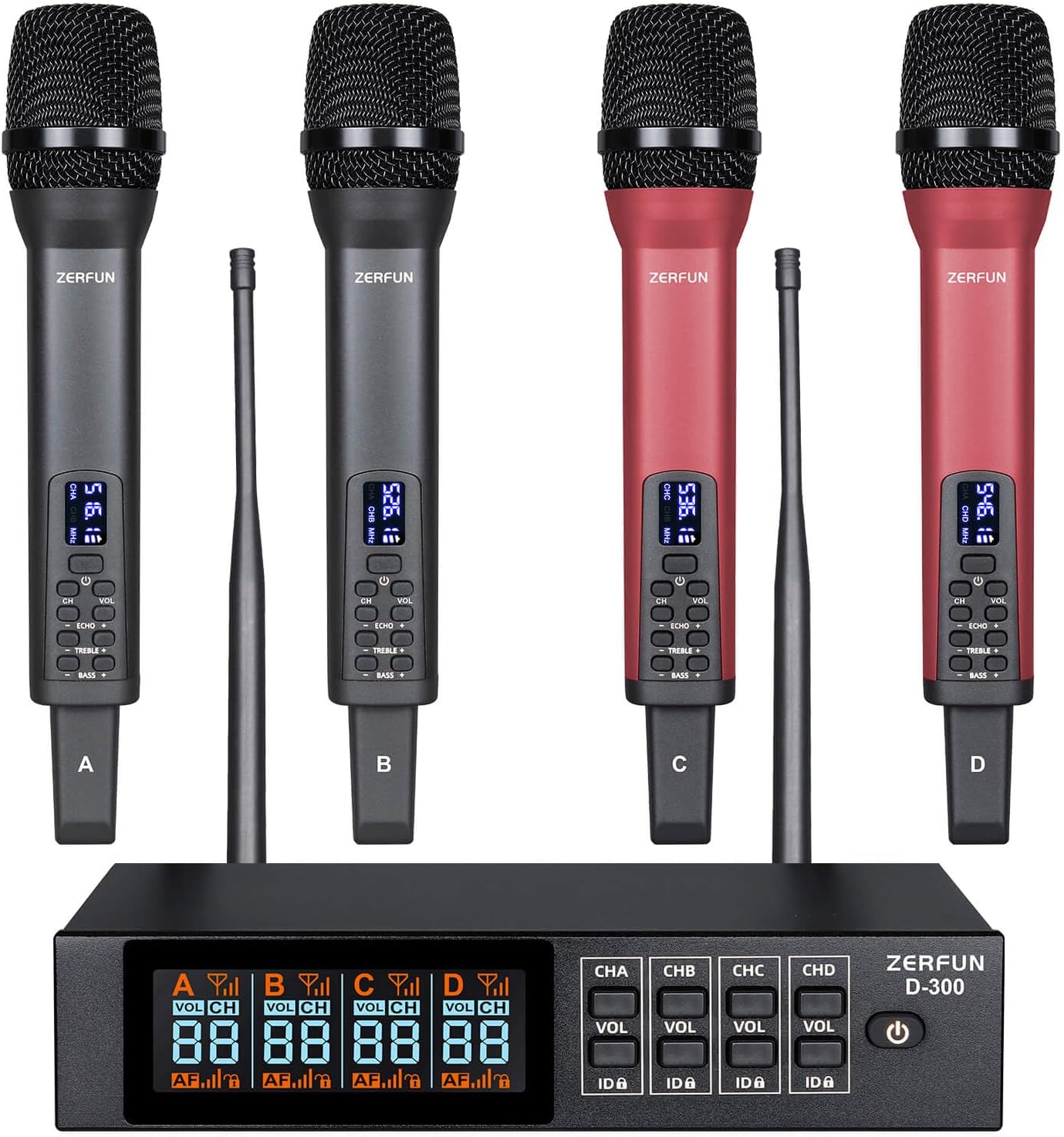 ZERFUN Rechargeable Wireless Microphone System 4 Channel Pro, UHF Handheld Cordless Mics with VOL Echo Treble BASS Control, LCD Display, Frequency Lock, XLR, 1/4, 1/8 Output, D-300, Grey&Red