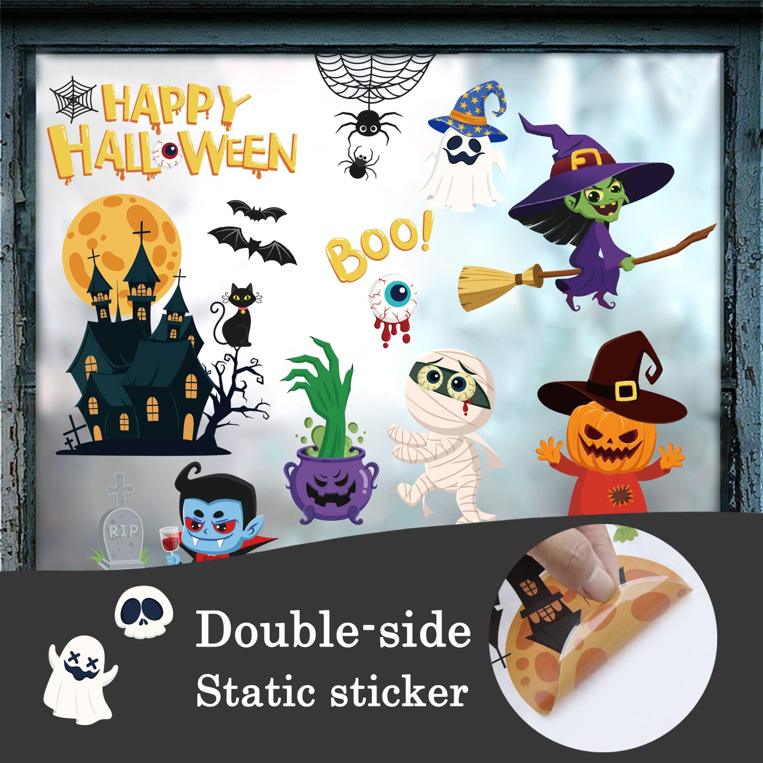 133 Autocollants Halloween Réutilisables - 9 Feuilles, PVC, Sorcière, Citrouille, Chat, Toile D'Araignée - 6