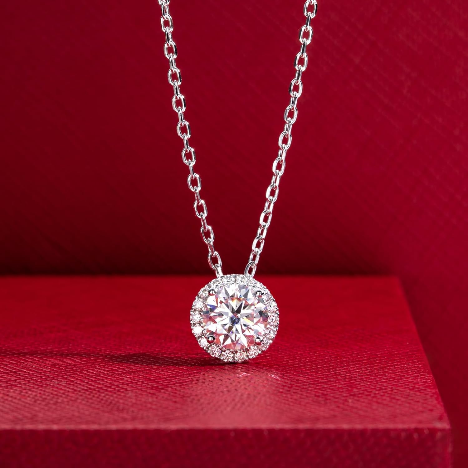 14K Solid White Gold Halo Pendant Necklace, 1 Carat D Color & Flawless Moissanites, 40+2+3mm Adjustable Sterling Silver Chain - Image 2