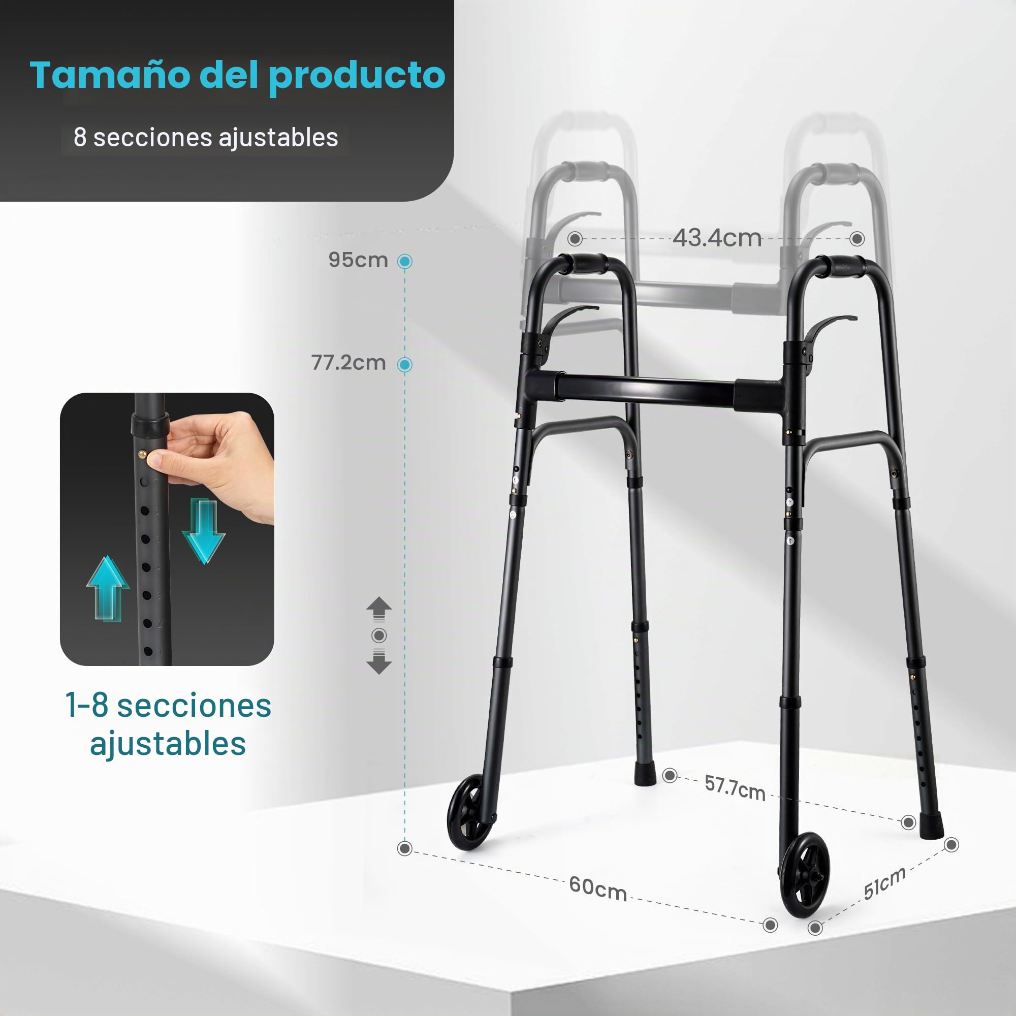 Careboda Andador para personas mayores, marco médico plegable y portátil con ruedas fijas de 12,7 cm, altura ajustable y función de disparador, ideal para adultos