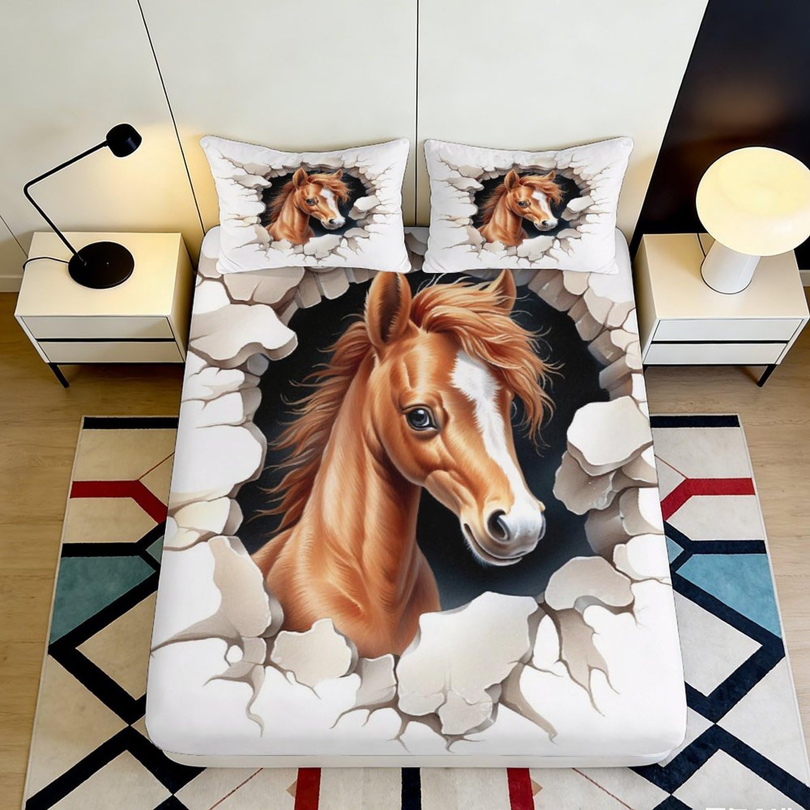 3D Printed Horse Theme Microfiber Fitted Sheet Deep Pocket Non-Slip Bedroom Bedding Horse Mattress Fitted Cover Elastic Hem for Adults Teens 90x200x25cm 90x200x25cm