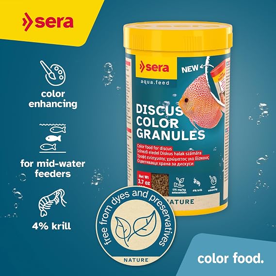 Sera Discus Color Gran 250ml (8.4 fl oz) | Premium Discus Fish Food | With Natural Astaxanthin & Spirulina | Boosts Color Naturally | No Artificial Additives | Soft Granules for Easy Digestion