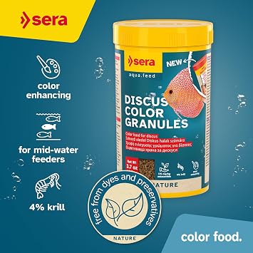 Sera Discus Color Gran 250ml (8.4 fl oz) | Premium Discus Fish Food | With Natural Astaxanthin & Spirulina | Boosts Color Naturally | No Artificial Additives | Soft Granules for Easy Digestion
