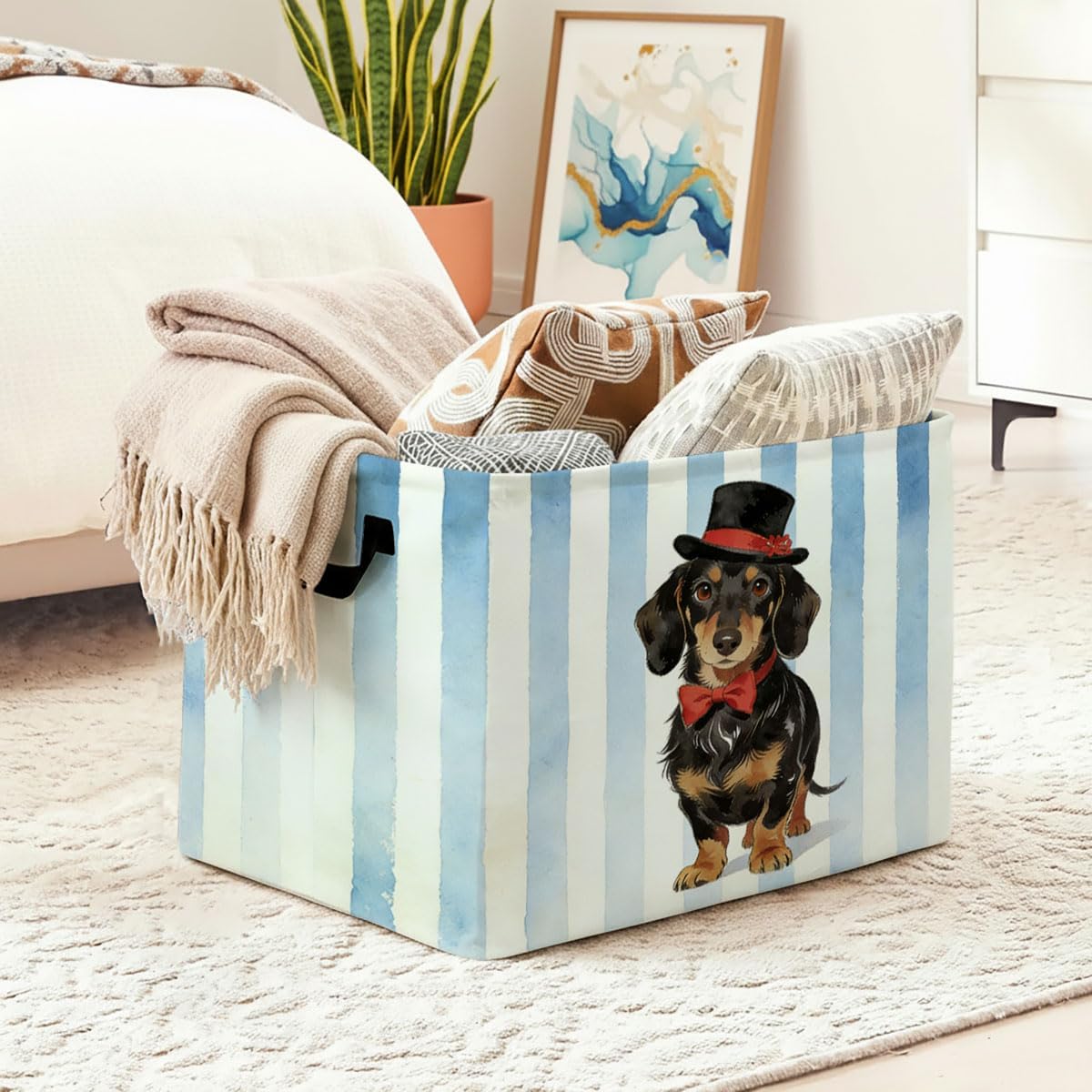 56L Blue White Dachshund Foldable Square Laundry Hamper with Handles – Large Clothes, Blanket & Toy Storage Basket for Home Organization. image 2