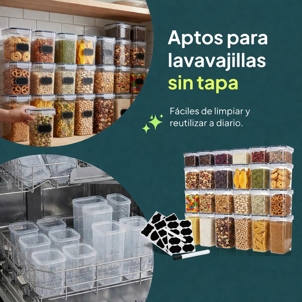 uandu Juego de 24 recipientes de almacenamiento herméticos con tapa, sin BPA, para cereales, harina y azúcar, con bolígrafo y etiqueta