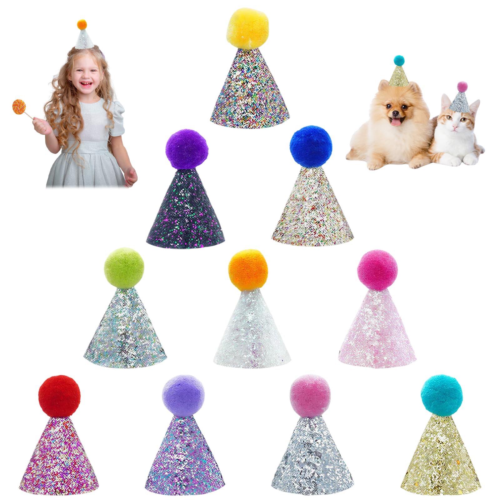 10Pcs Party Hats for Teddys , Mini Hats for Toy Animals, Sequin Pom Pom Birthday Hat with Adjustable Elastic, Mixed Colour Cute Bear Hat for Pets, Kids, Dolls & Celebrations