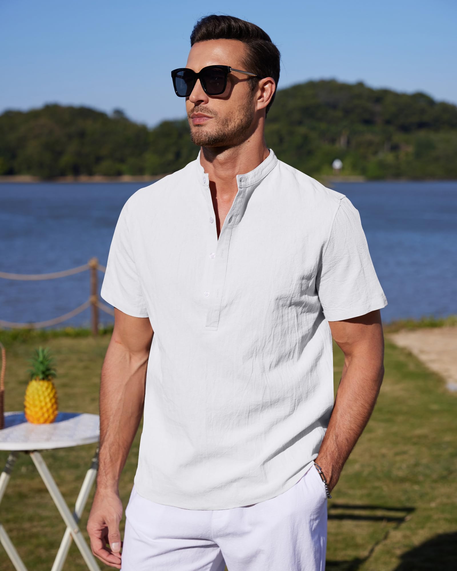 YAOBAOLE Chemise Lin Homme Manche Courte Chemise Col Mao Homme Été Casual Henley T Shirt