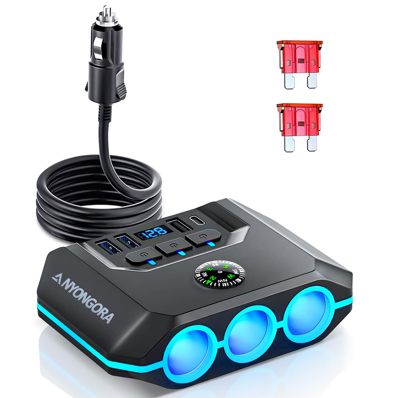 Cigarette Lighter Splitter, 120W Car Charger Adapter with USB & PD, 7 in 1 Multi Port Power Plug with Independent Switches & LED Voltage Display for 12V- 24V Vehicles (3.3FT Cable)