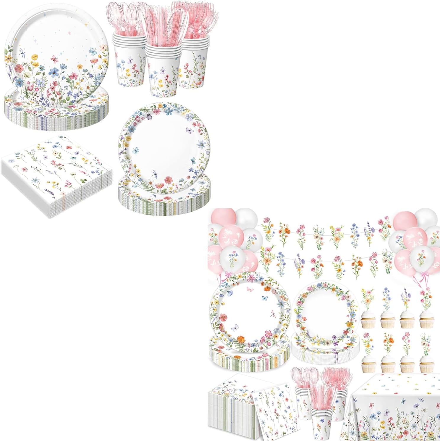 Spring Wildflower Party Decorations include Plates, Cups, Napkins, Cutlery, Cake Toppers, Banner, Tablecloth, Balloons for Floral Baby Shower Birthday Decorations