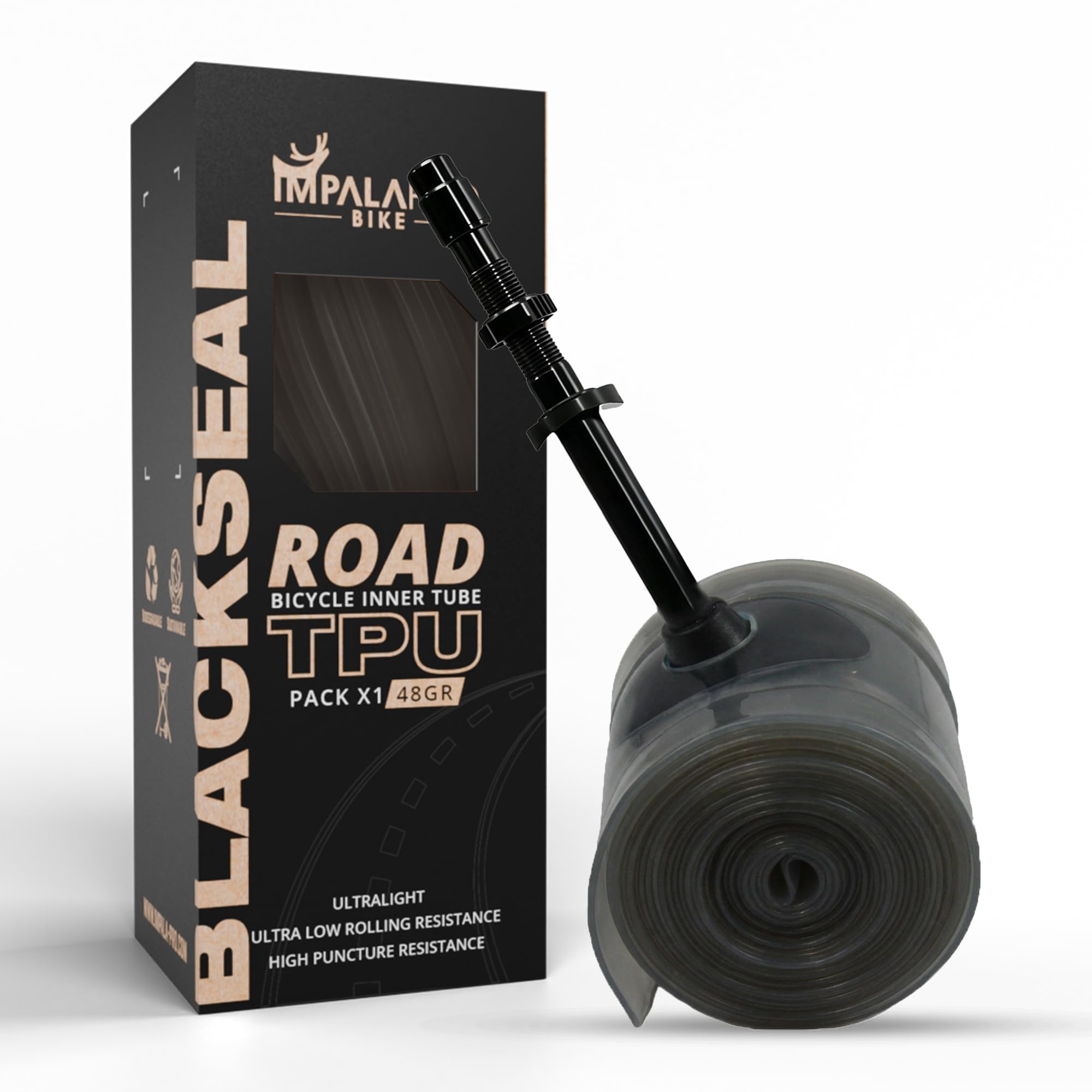 IMPALAPRO Black Seal – TPU Inner Tube 700c 18–32C for Road Bike | Premium 0.35 mm TPU, Reinforced Metal Presta Valve and Pressure Retention Design (2pc valv 45mm)