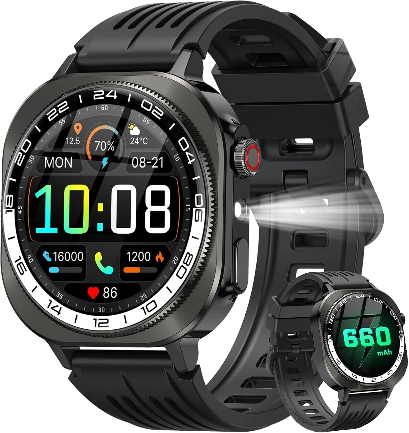 Montre Connectée Homme avec GPS Intégré, 1.43"HD AMOLED Militaire Smartwatch Appels Bluetooth 5.4, Montre Intelligente Fréquence Cardiaque/Sommeil/SpO2 Podometre,IP68 Étanche,130+ Modes Sport Noir