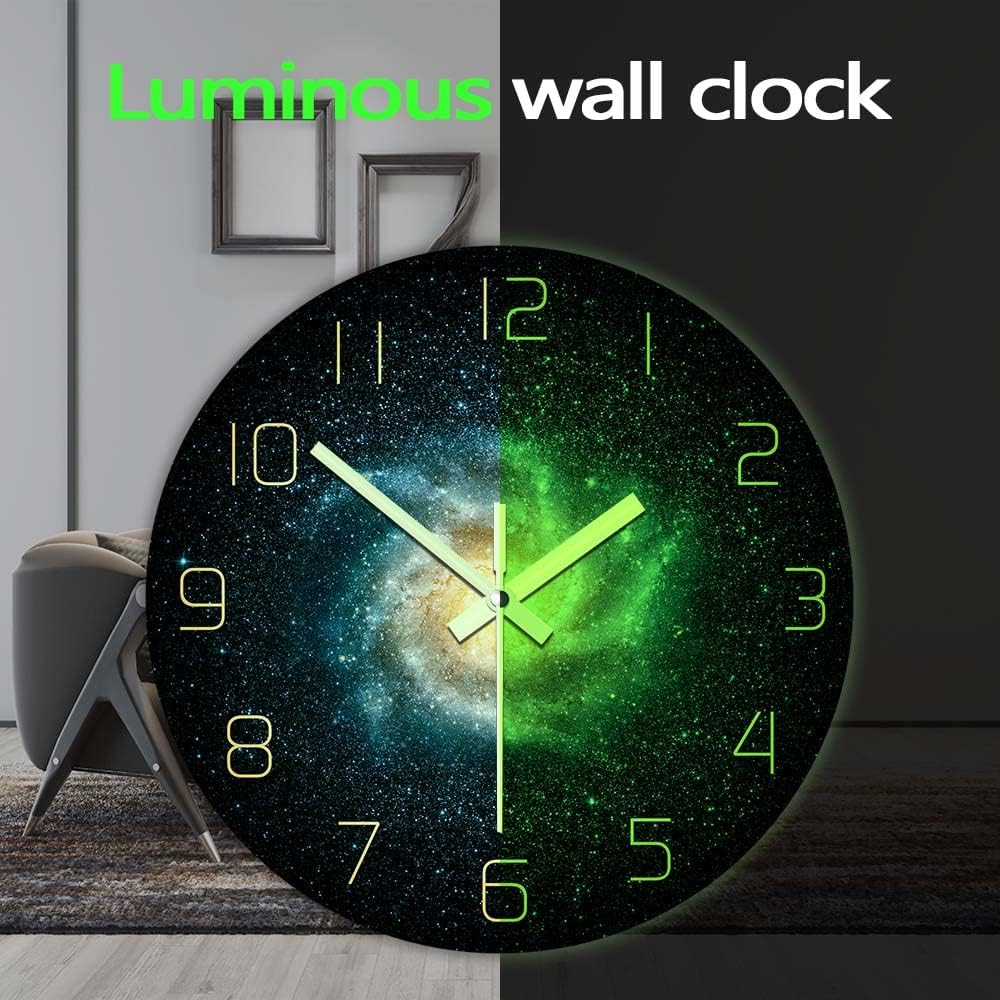 The Geeky Days Glow in The Dark Wall Clock, Galaxy Outer Space 12inch Luminous Silent Clock, Battery Operated Quartz Nebula Stars Wall Art Abstract Acrylic Watch Universe Home Decor Astronomy Gifts