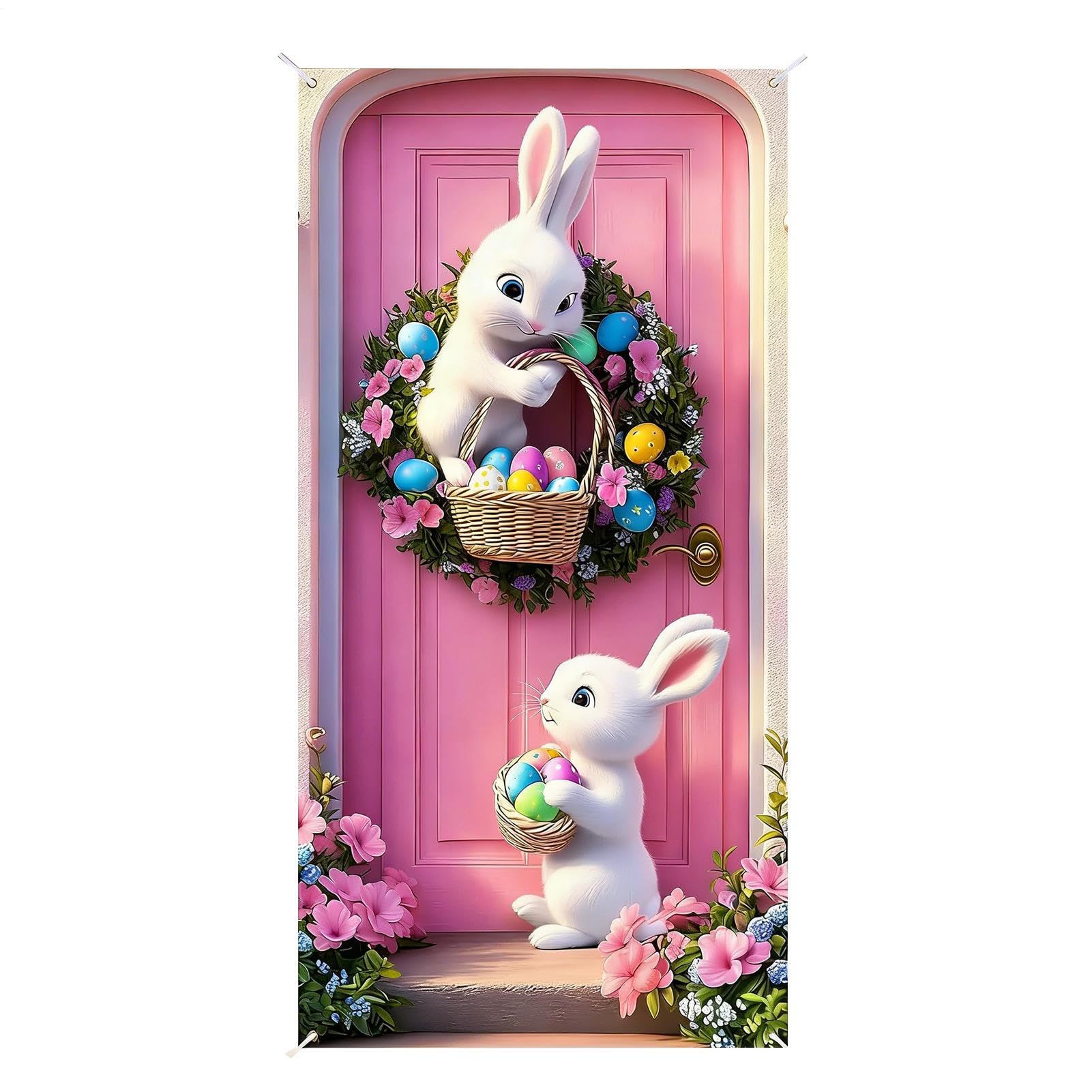 Pancarta para Interior Exterior Entrada de Pascua Cartel de Puerta Conejito Impermeable