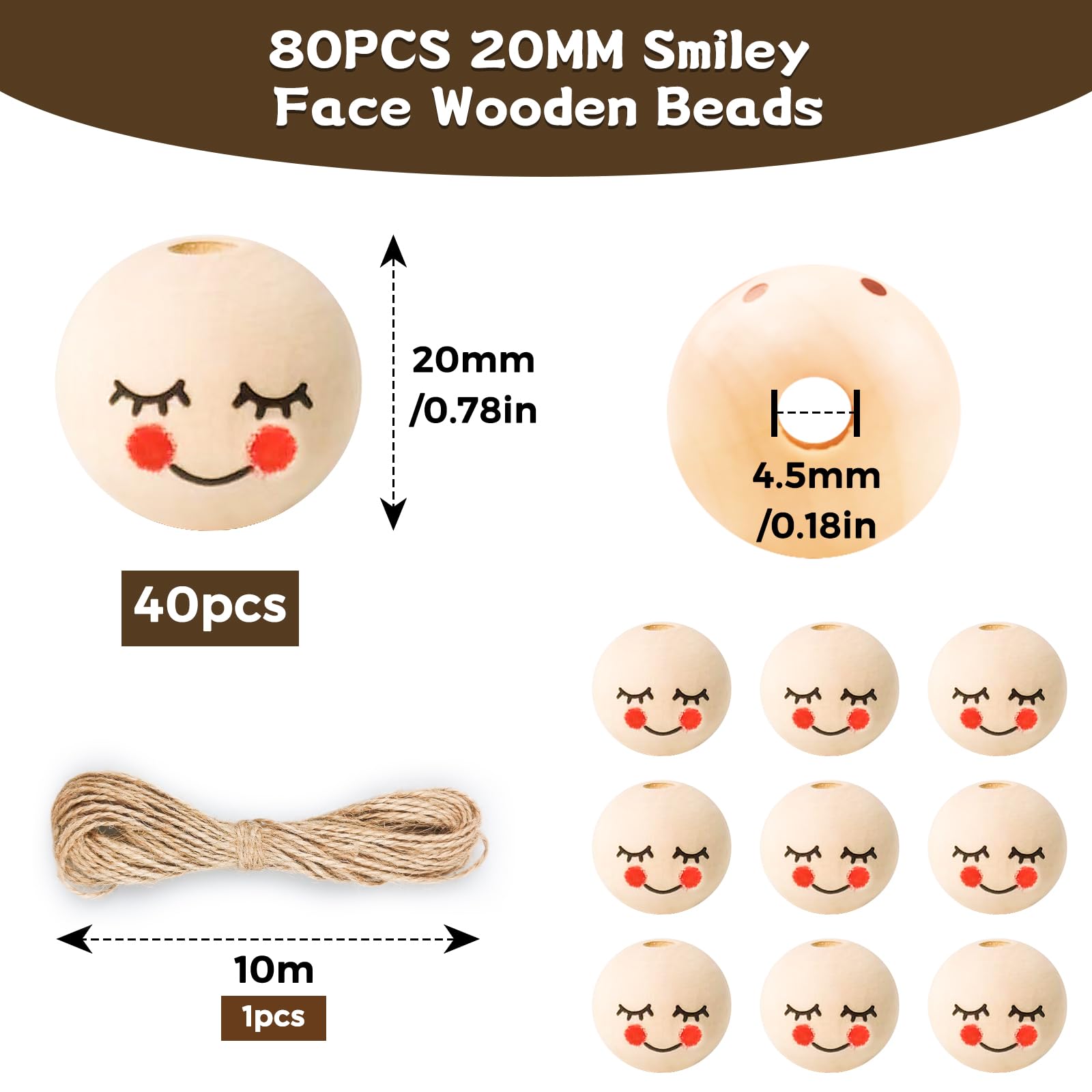 Furuising 80PCS Wooden Beads with Smile Face - Image 2