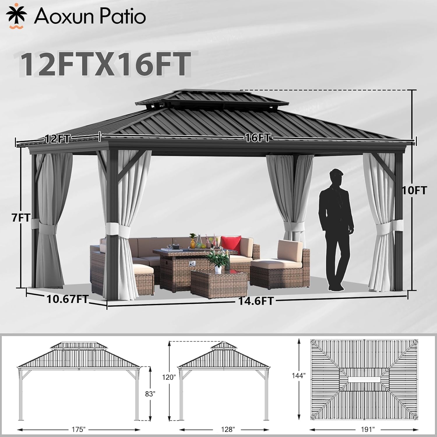 Aoxun 12Ft X 16Ft Hardtop Gazebo, Aluminum Metal Outdoor Gazebo with Breathable Netting and Curtains, Galvanized Steel Double Top, Permanent Patio Pavilion for Backyard, Wedding, Party
