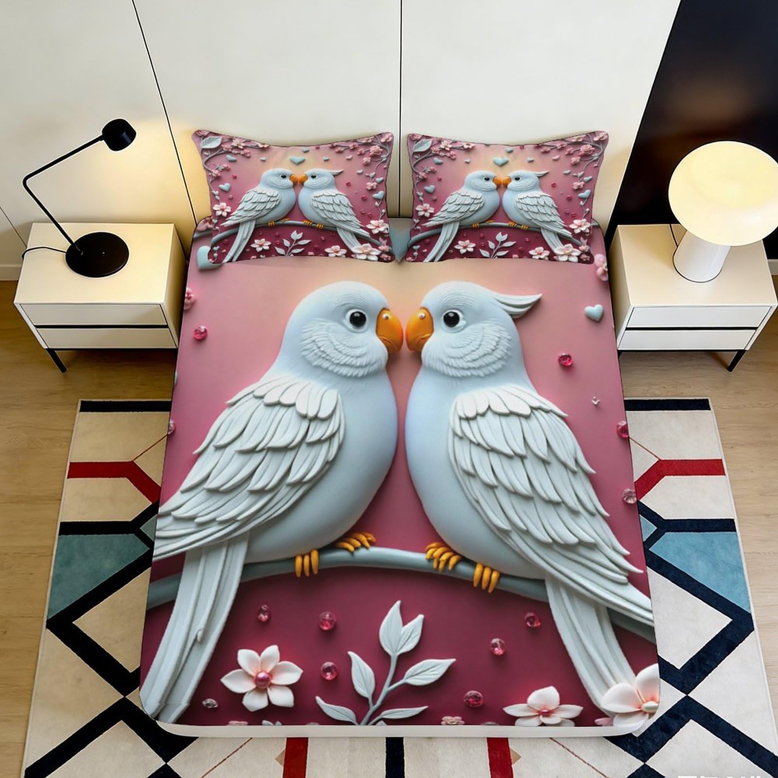 3D Printed Love Birds Fitted Sheet Microfiber Soft Durable Romantic Parrot Bed Cover for Bedroom Dormitory Guest Room Mattress Protection 200x200x25cm