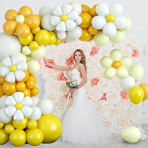 Miniatura 3 de Kit de arco de globos amarillos, guirnalda de globos de margaritas con globos de látex blanco y amarillo para niñas y mujeres, cumpleaños, baby