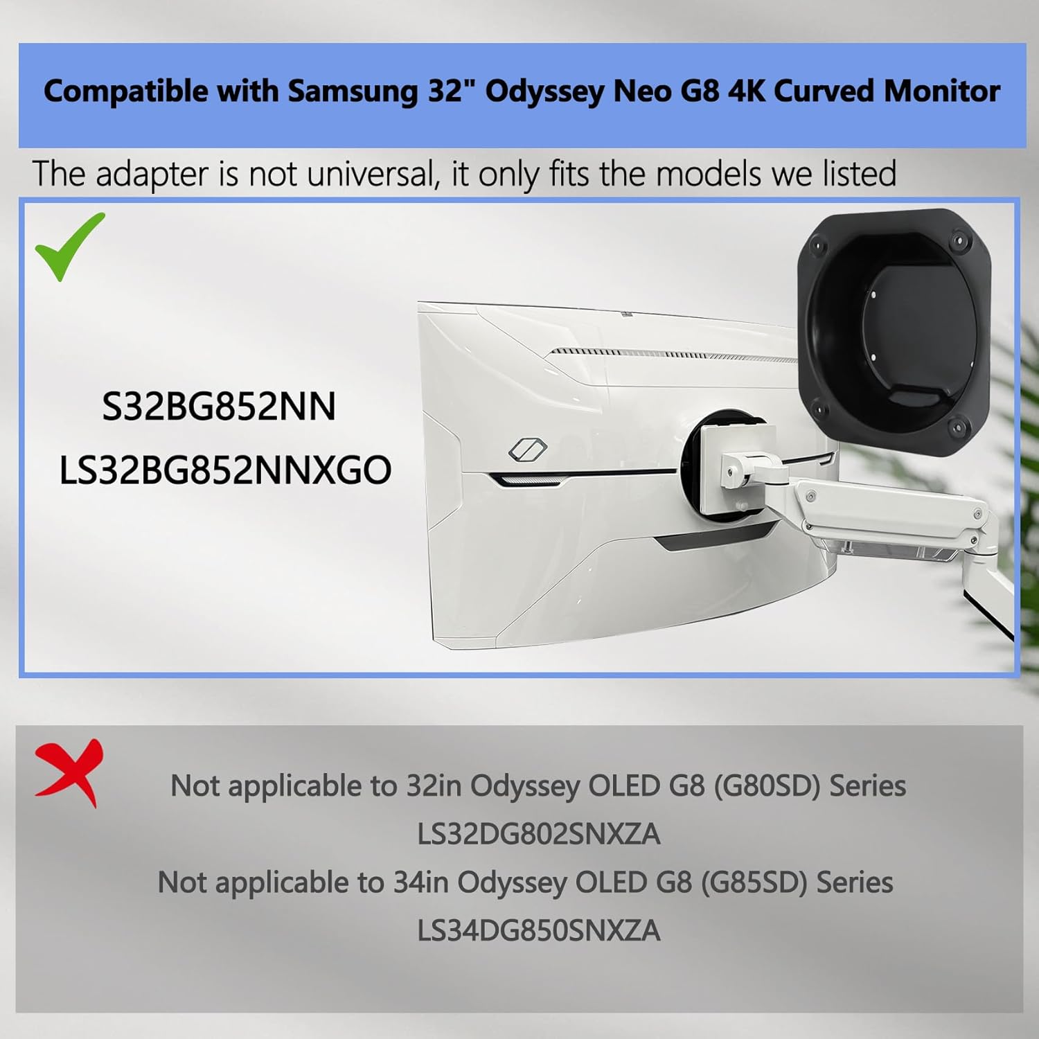 Odyssey NEO G8 VESA Adapter Compatible with Samsung 32" Odyssey Neo G8 (G85NB) Curved Monitor (Fits 2022 S32BG852NN LS32BG852NNXGO Monitor)