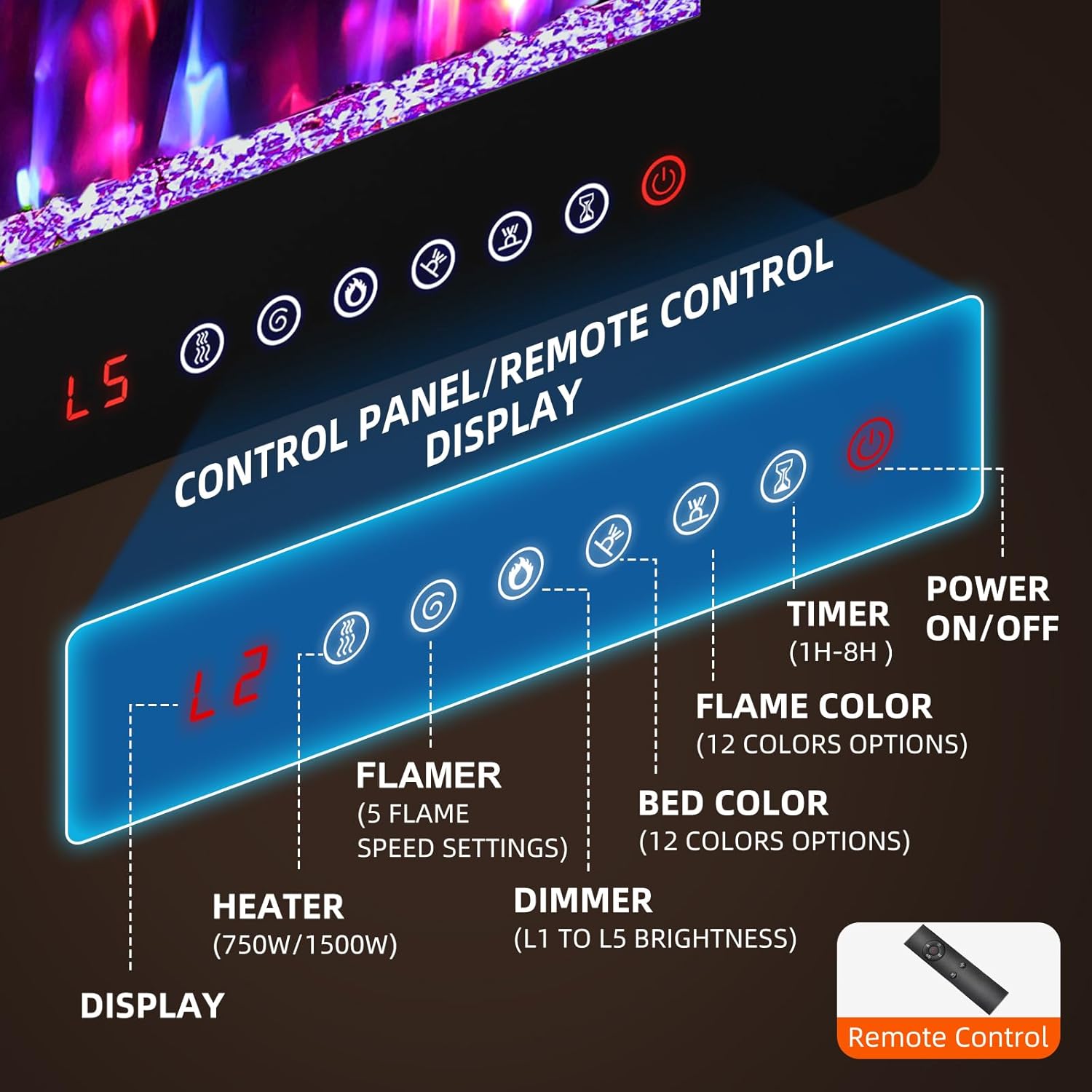 Zionheat 50 inch Ultra Thin Electric Fireplace-Wall Fireplace for Living Room-Fireplace Freestanding/Inserts/Wall Mounted with Remote Control, Timer, Dimmer, 12 Flame Colors, 750/1500W