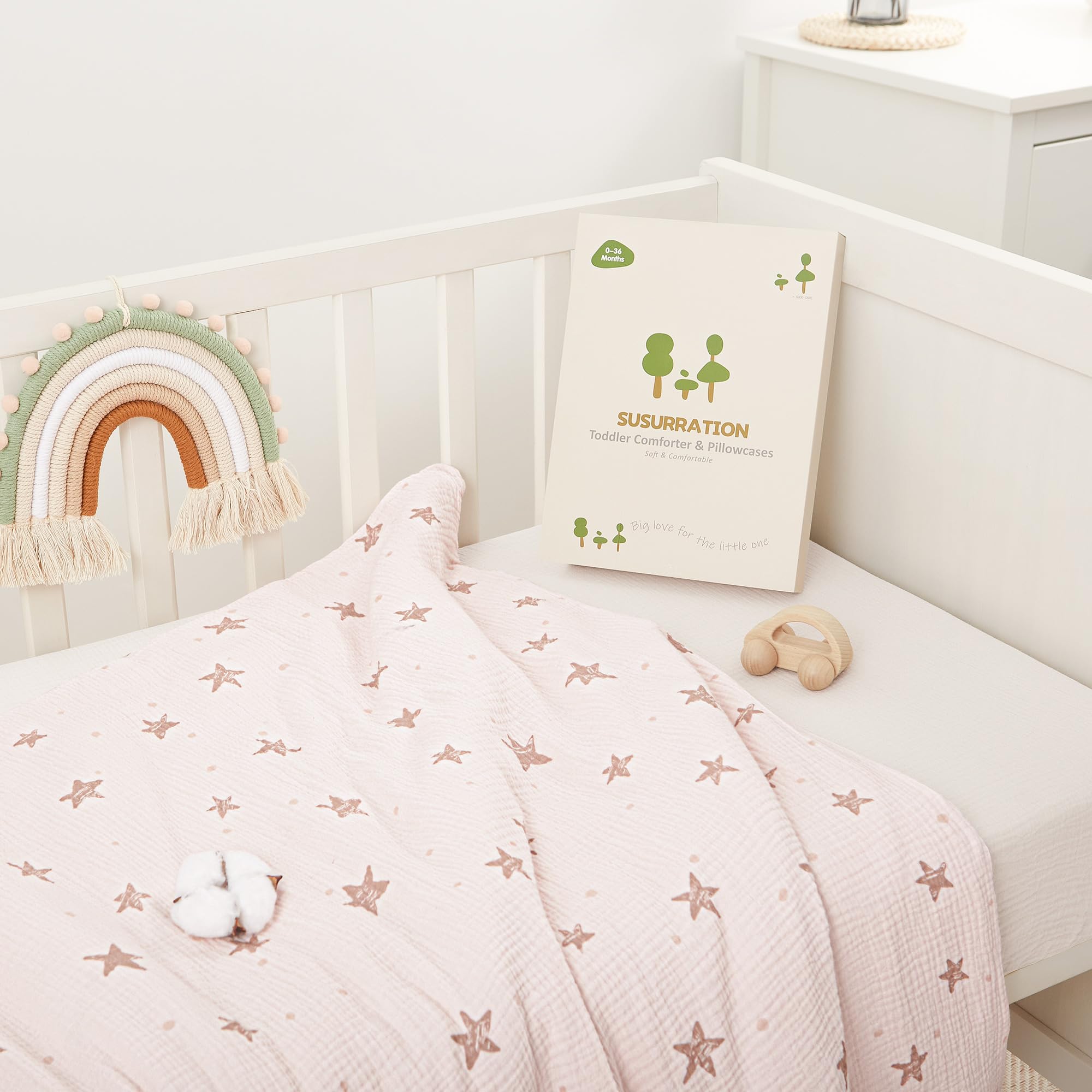 Susurration Ropa de Cama Infantil de Muselina, 100 x 135 cm, Funda de Almohada de 40 x 60cm, 100% de Algodón, Ligera y Cómoda, Juego de Ropa de Cama para Bebés y Niños(Estrellas Rosas)