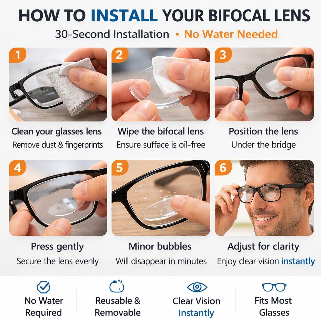 Stick On Bifocals for Sunglasses and Safety Glasses, Repositionable, No Water Bifocal Inserts