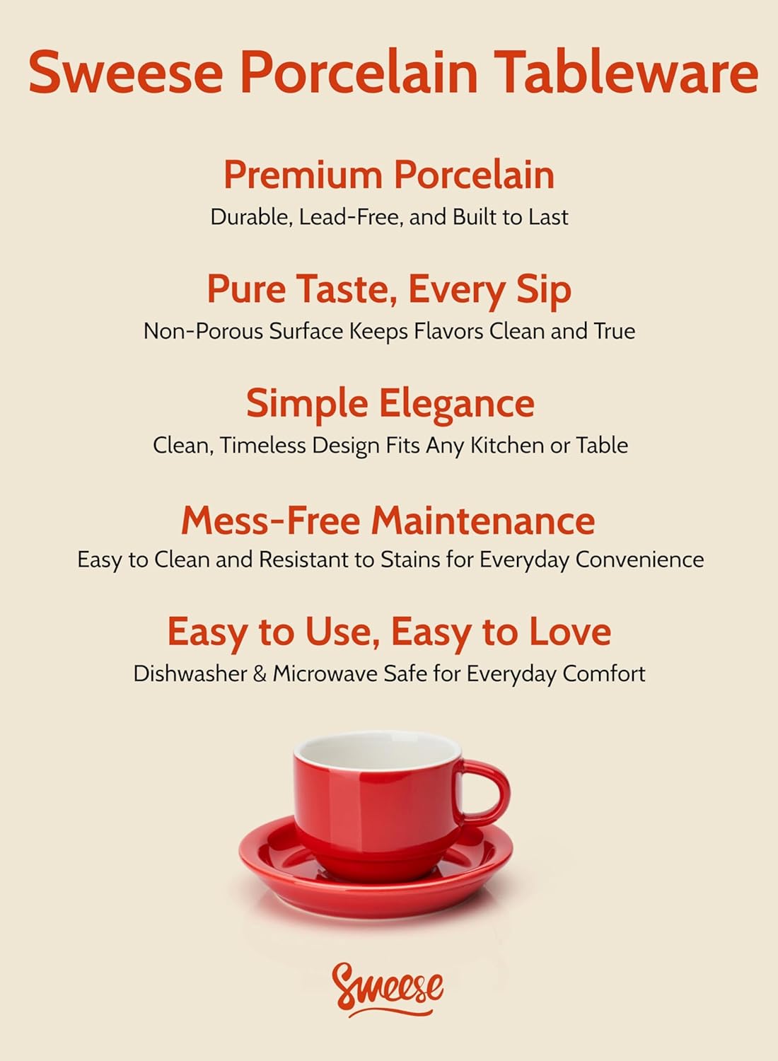 Sweese 8 Ounce Porcelain Stackable Cappuccino Cups with Saucers and Metal Stand - for Specialty Coffee Drinks, Cappuccino, Latte, Americano and Tea - Set of 4, Red