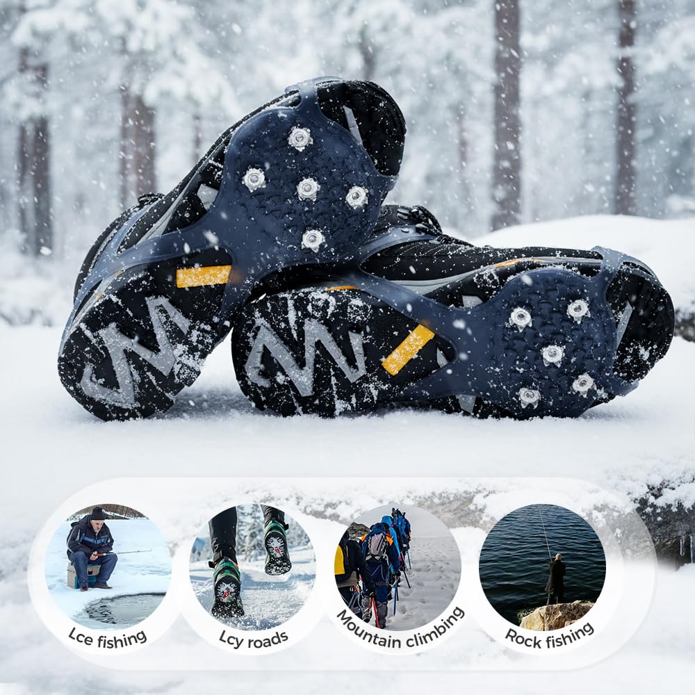 Punte antiscivolo universali 2026 per scarpe da neve e ghiaccio, con chiodi in acciaio a 5 denti, tacchetti di trazione per ghiaccio e neve antiscivolo in silicone, per passeggiate, escursionismo
