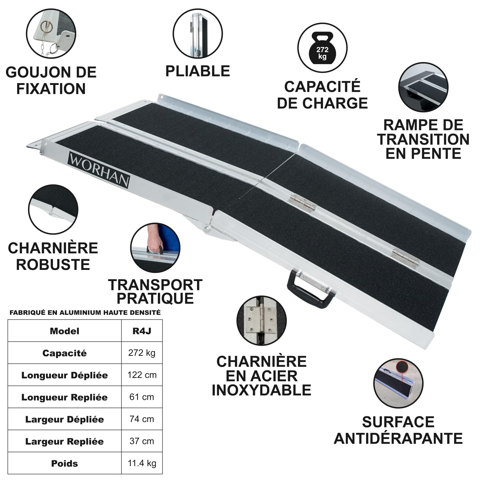 Rampe 1.22m Alu Pliable Valise Aluminium pour Fauteuil Roulant Chargement Scooter Plate-Forme Fonction Antidérapante Elevée Neuf R4J