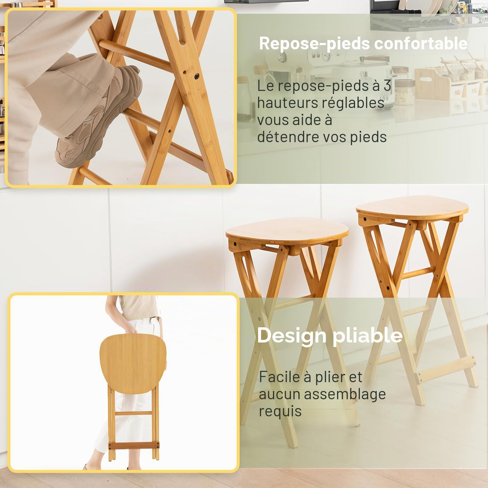HOMASIS Lot de 2 tabourets de Bar Pliables en Bambou avec 3 Repose-Pieds