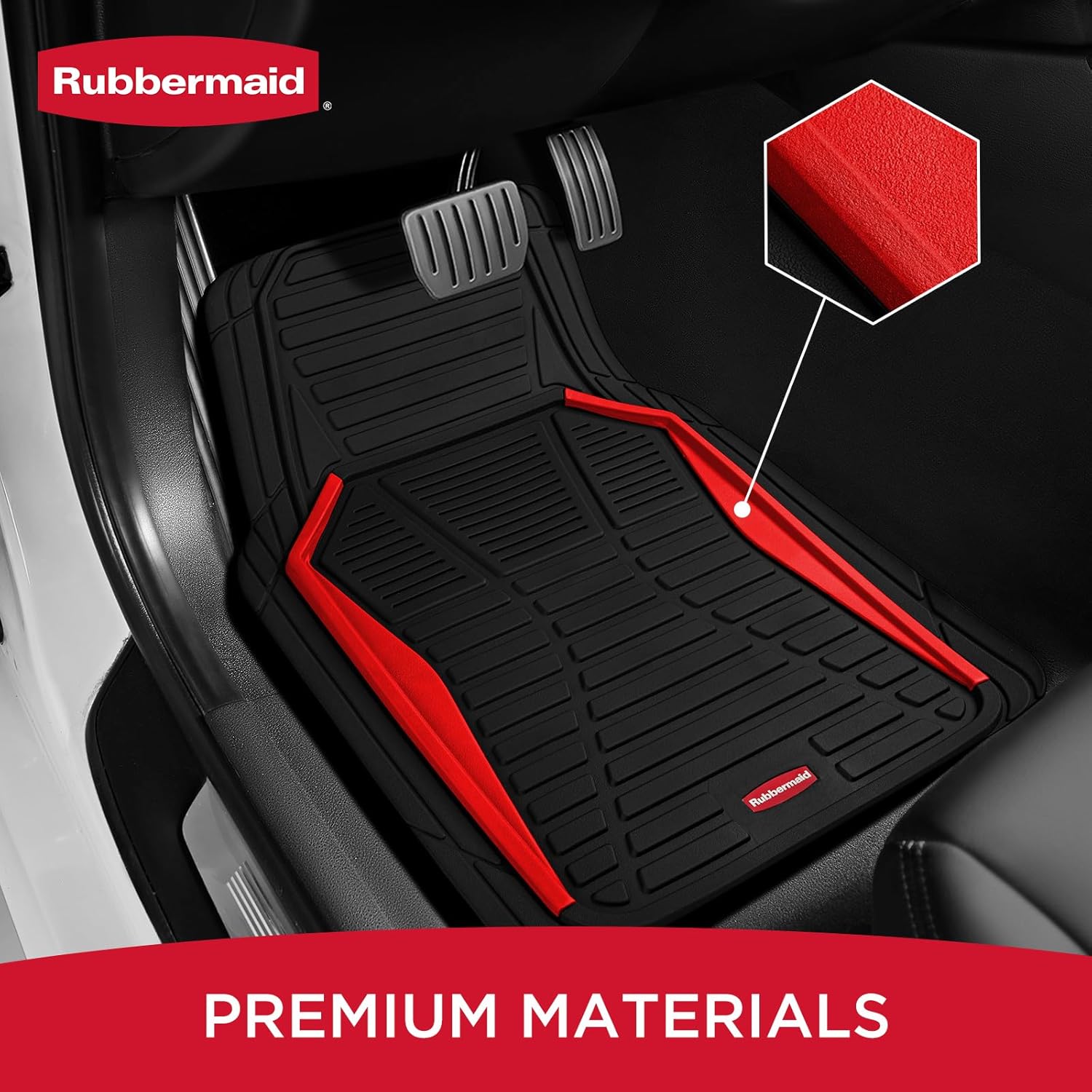 Rubbermaid Car Mat Full Set All-Weather Heavy-Duty 4 Pieces– Trim-to-Fit Universal Car Mats Full Set – Waterproof Rubber Floor Liners for Most Trucks, SUVs, Vans, and Sedans-Red